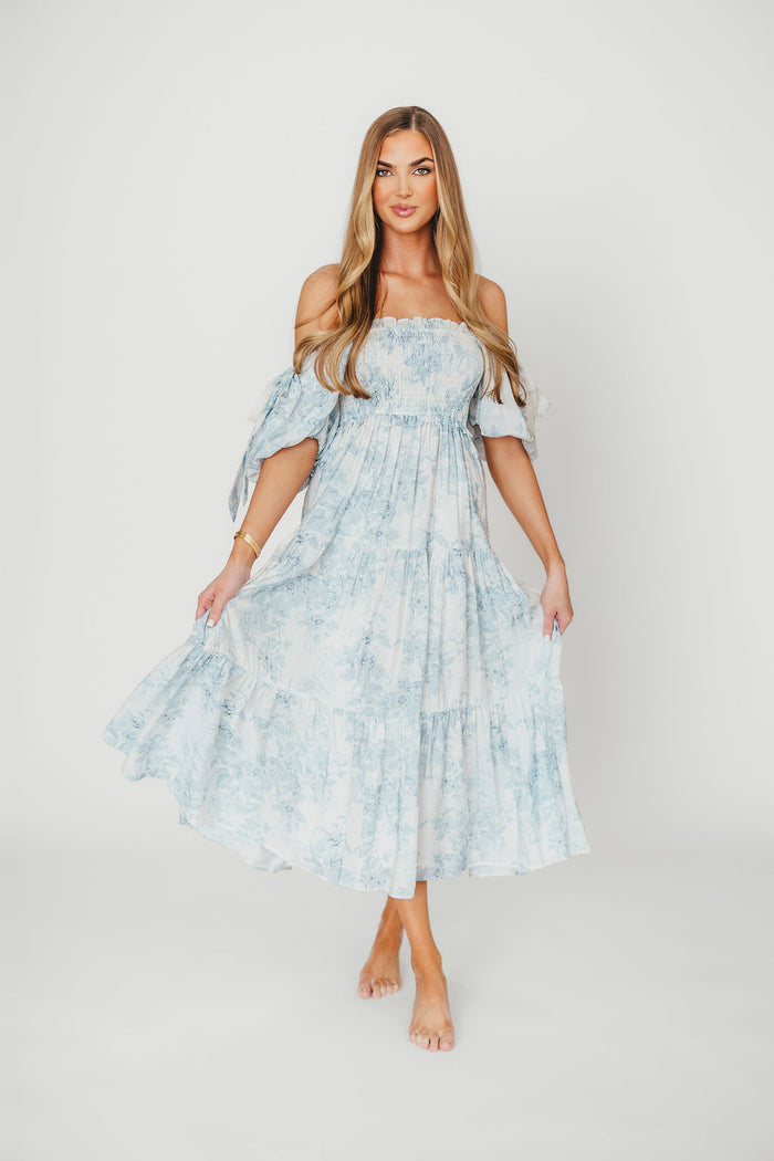 Elena Floral Print Smocked Midi Dress in Blue - Bump Friendly & Inclusive Sizing
