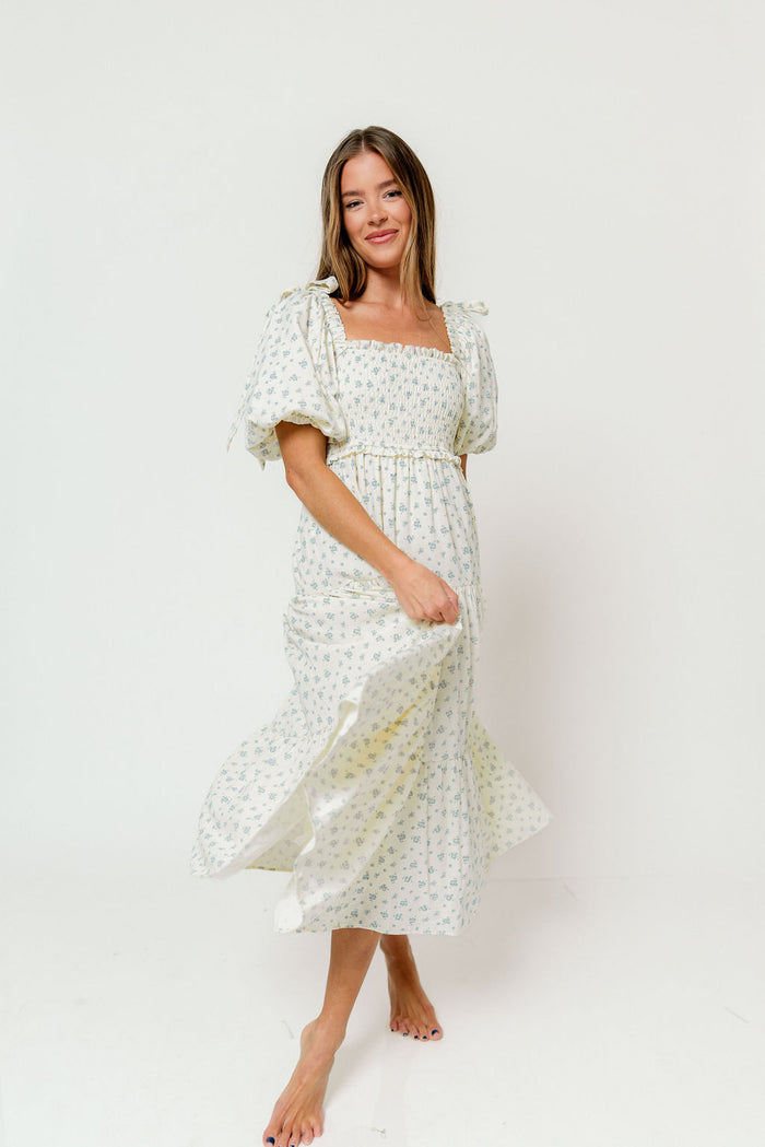 Elena Midi Dress in Cream/Blue Tiny Floral - Bump Friendly & Inclusive Sizing