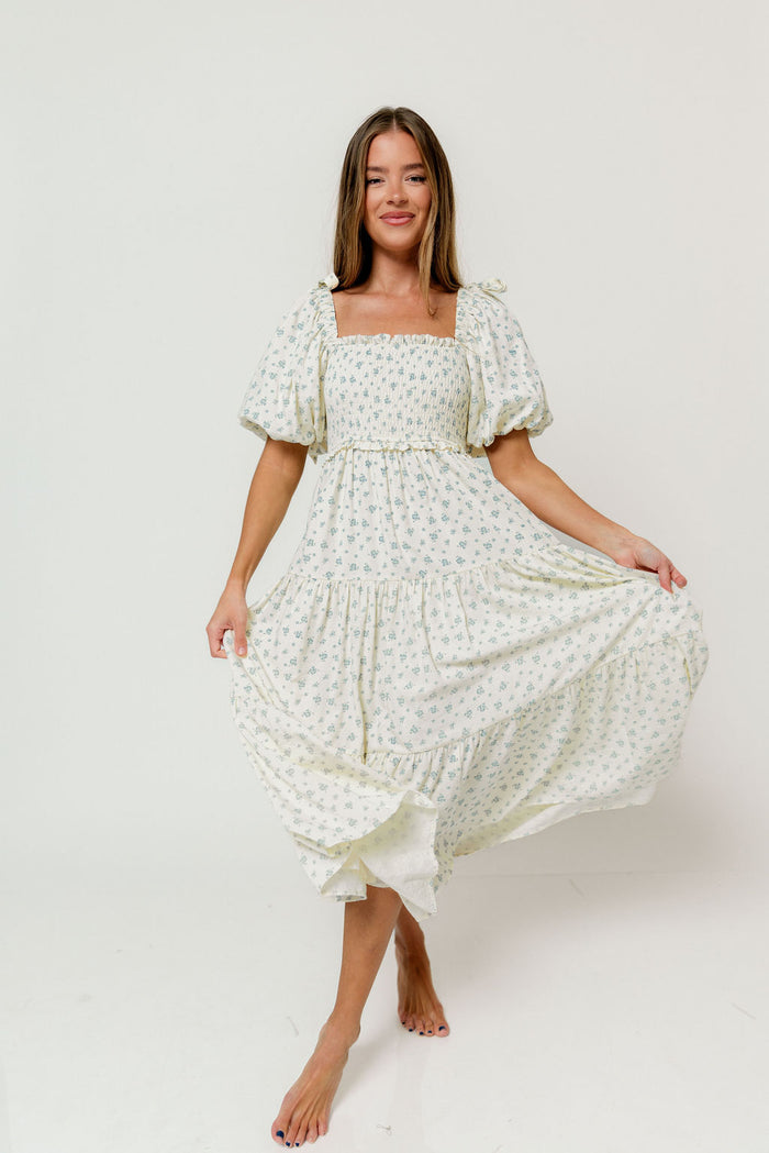 Elena Midi Dress in Cream/Blue Tiny Floral - Bump Friendly & Inclusive Sizing