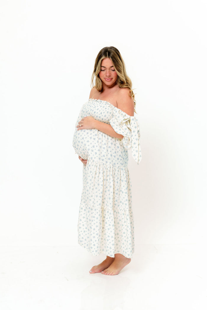 Elena Midi Dress in Cream/Blue Tiny Floral - Bump Friendly & Inclusive Sizing