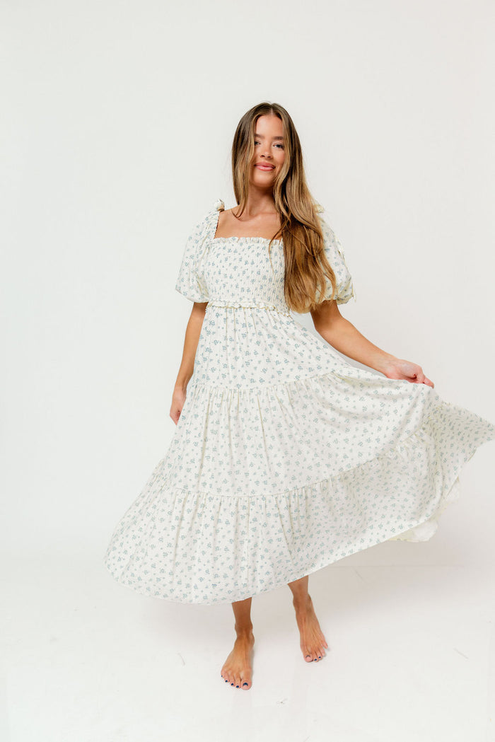 Elena Midi Dress in Cream/Blue Tiny Floral - Bump Friendly & Inclusive Sizing