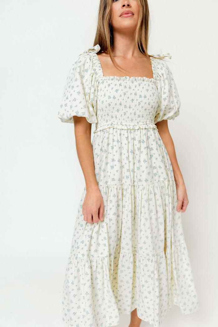 Elena Midi Dress in Cream/Blue Tiny Floral - Bump Friendly & Inclusive Sizing