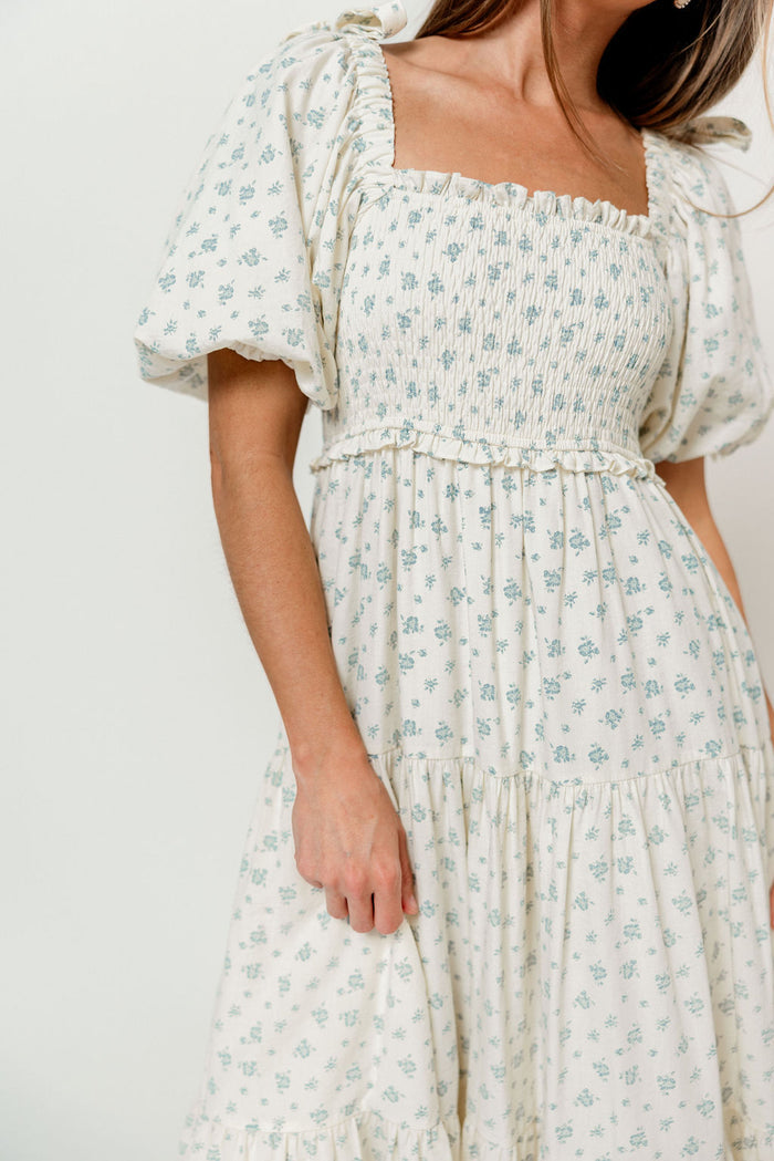 Elena Midi Dress in Cream/Blue Tiny Floral - Bump Friendly & Inclusive Sizing