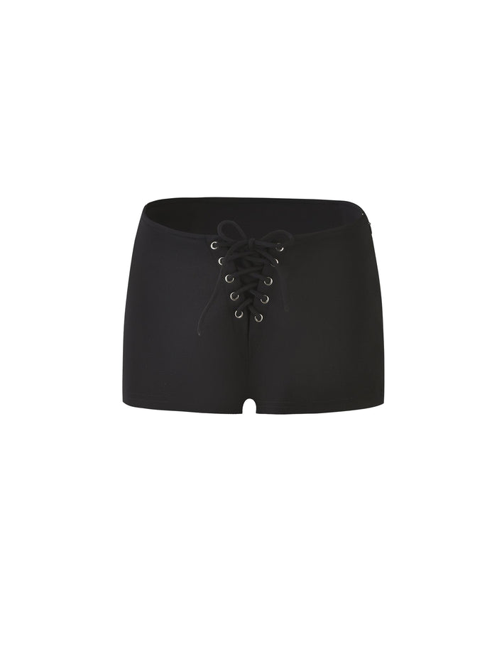 Description: The ELERI SHORT - BLACK by TIGERMIST features a high-waisted design, lace-up front detail, and bodycon silhouette.