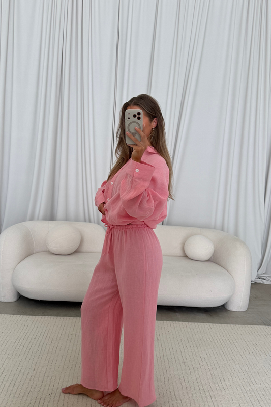 Elizabeth 100% Linen Pants in Bubble Gum
