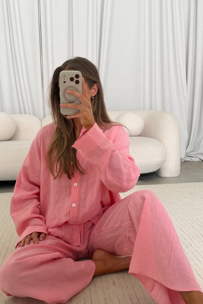 Elizabeth 100% Linen Pants in Bubble Gum