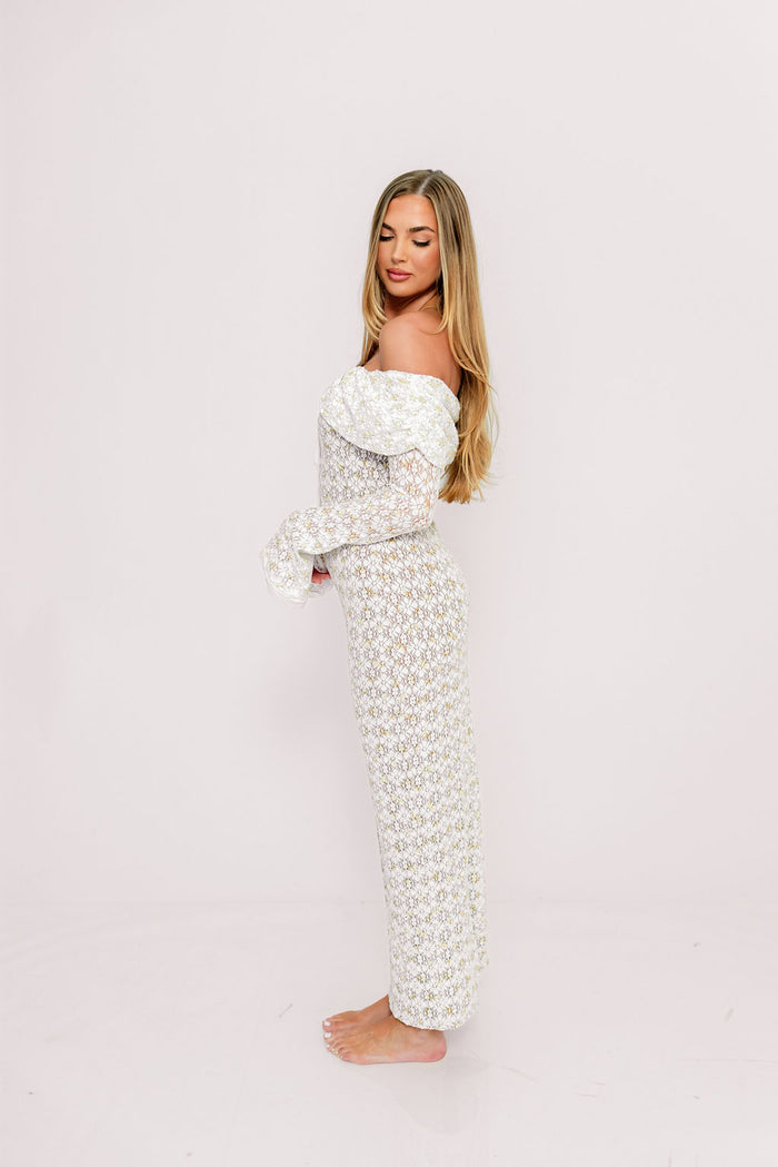 Ella Lace Maxi Dress in Tiny Yellow Floral Print