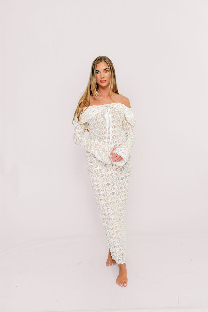 Ella Lace Maxi Dress in Tiny Yellow Floral Print