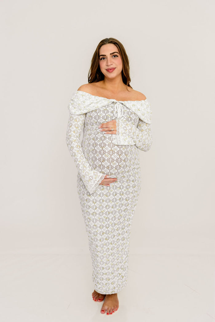 Ella Lace Maxi Dress in Tiny Yellow Floral Print