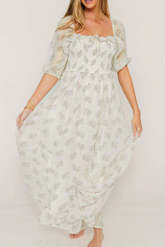 Elle Smocked Floral Ruffle Maxi Dress in Creme Floral