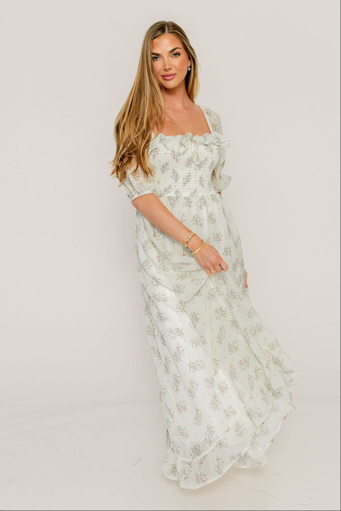 Elle Smocked Floral Ruffle Maxi Dress in Creme Floral