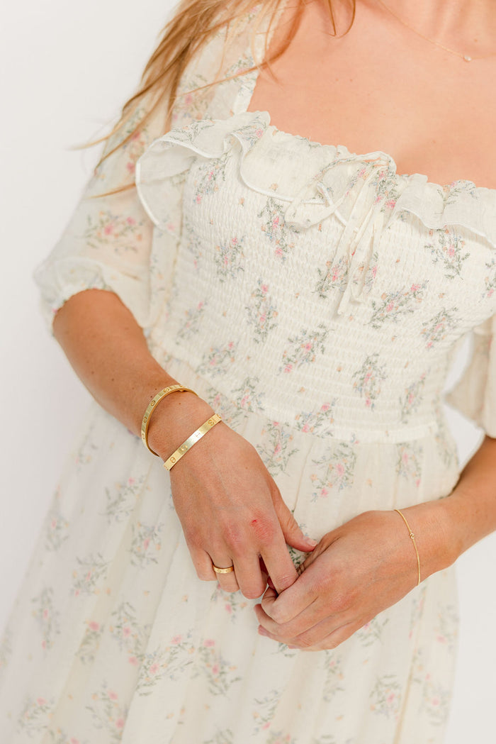 Elle Smocked Floral Ruffle Maxi Dress in Creme Floral