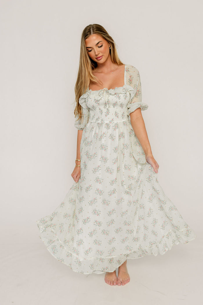 Elle Smocked Floral Ruffle Maxi Dress in Creme Floral