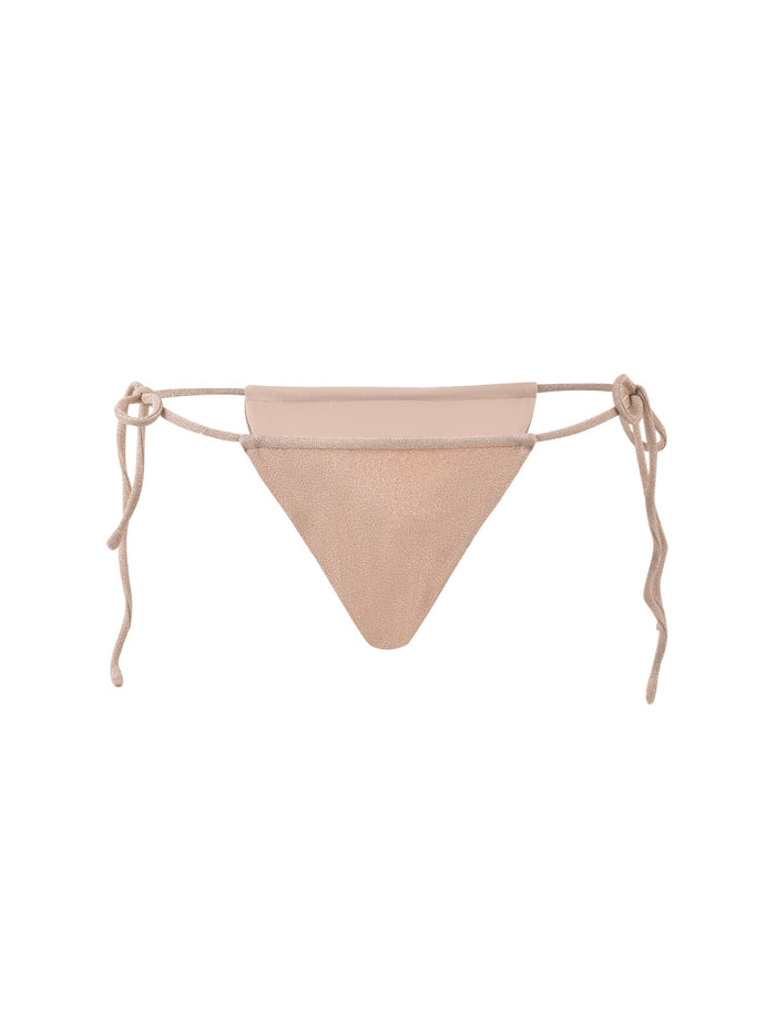 A pair of ELLISON BIKINI BOTTOM - GOLD by TIGERMIST, featuring a triangular front design and tie-up strings on both sides for an adjustable fit. The fabric has a slight shimmer, adding a touch of elegance to the minimalist design.
