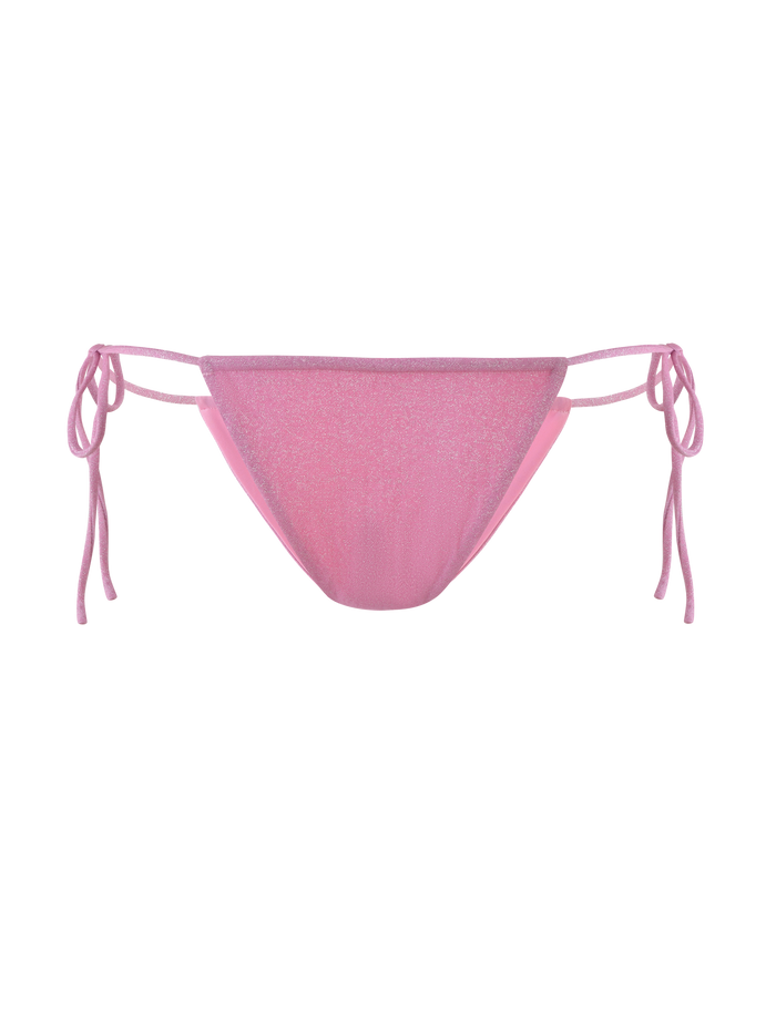 The TIGERMIST ELLISON BIKINI BOTTOM in baby pink features a shimmer sparkle lurex fabric, cheeky cut, and side tie strings, shown against a plain background.