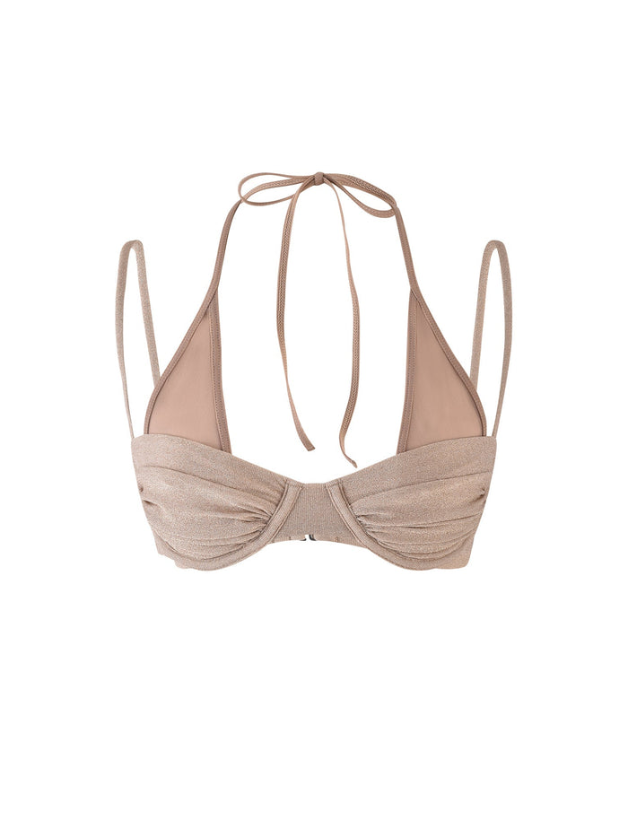The ELLISON BIKINI TOP - GOLD from TIGERMIST features delicate spaghetti straps and a halter tie at the neck. The design includes ruched details on the cups, offering a chic and textured look, all displayed against a plain white background.