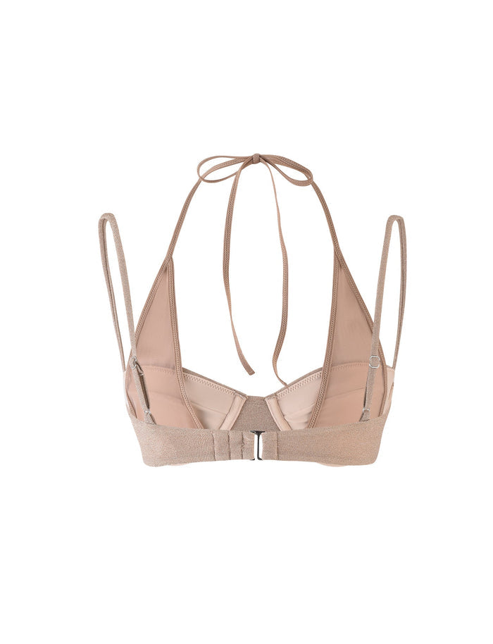 The ELLISON BIKINI TOP - GOLD by TIGERMIST is a halter-style bikini top featuring thin shoulder straps and a back clasp closure. The halter strap ties around the neck, and the bikini top has a minimalist design. The material is smooth and stretchy for a comfortable fit.