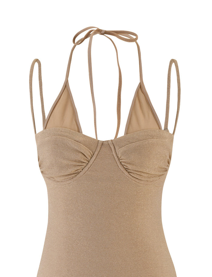 Introducing the TIGERMIST ELLISON MINI DRESS in gold, a stylish piece featuring a halter-neck design with thin straps and a sweetheart neckline. Crafted from textured fabric with a subtle sparkle lurex weave, it adds shine to ensure you look sleek and fashionable.