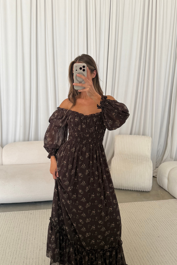 Eloise Maxi Dress in Coffee Floral - Bump Friendly & Size Inclusive *9/9 PRE-ORDER*