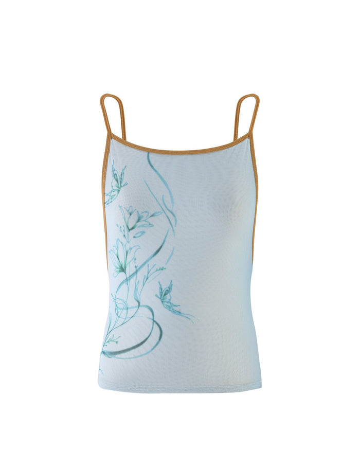 Introducing the ELVERA TOP - BLUE: GRADIENT FLORAL by TIGERMIST. This light blue tank top features spaghetti straps with brown strap lining and a fitted silhouette. The front showcases a beautiful green floral design, including blossoms and vine leaves. Made from lightweight, slightly sheer fabric, this top is perfect for a breezy, elegant look.
