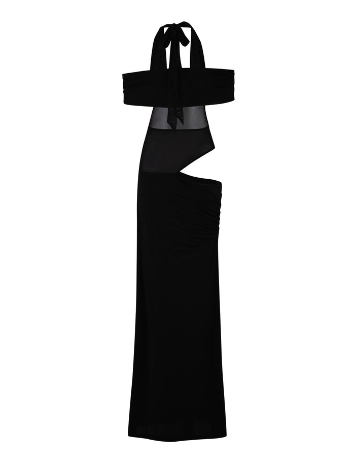 The EMBERLAIN DRESS - BLACK by TIGERMIST is a stunning black evening gown that showcases a sophisticated halter neck and an open back. It features a unique asymmetrical cutout on the left side that elegantly highlights the waist, complemented by an elegant mesh panel. Flowing down to a long, maxi-length skirt, the dress ties at the back for a refined finish.