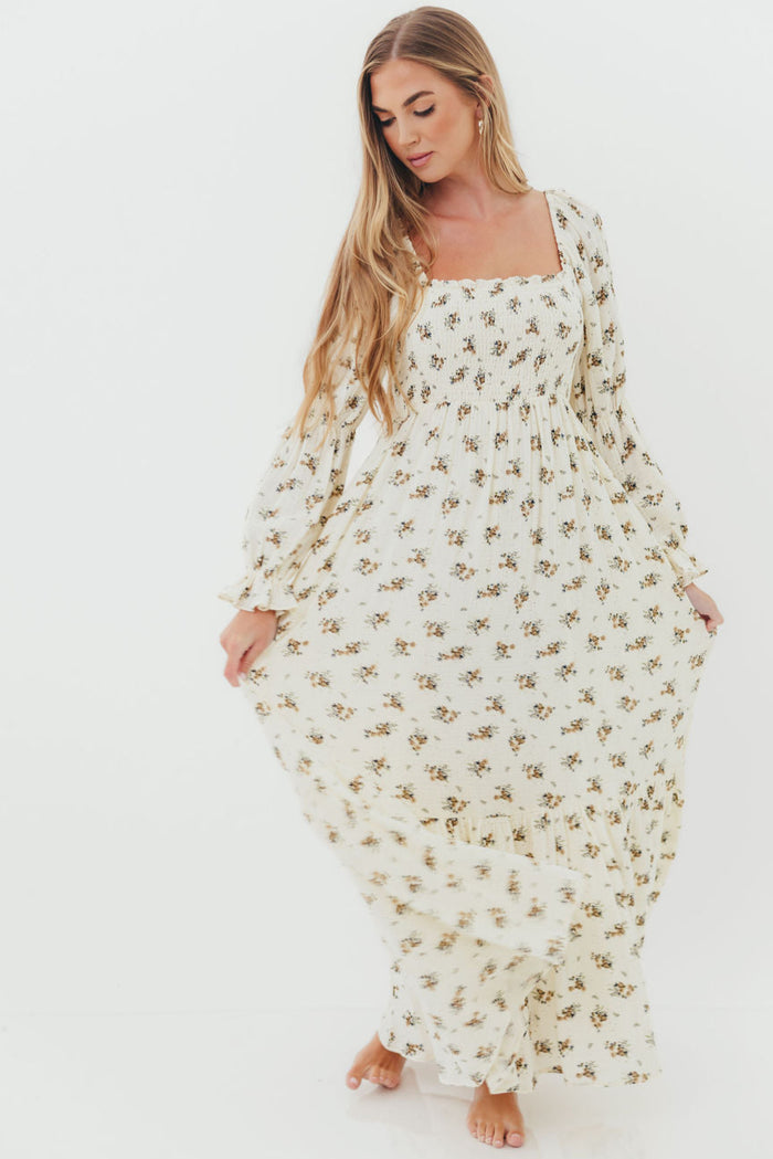 Emerson 100% Cotton Smocked Floral Maxi Dress with Long Sleeves in Off White - Bump Friendly