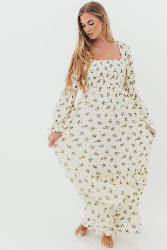 Emerson 100% Cotton Smocked Floral Maxi Dress with Long Sleeves in Off White - Bump Friendly
