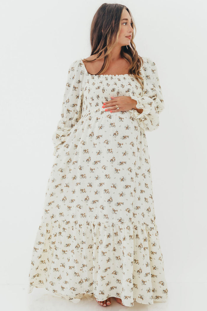 Emerson 100% Cotton Smocked Floral Maxi Dress with Long Sleeves in Off White - Bump Friendly