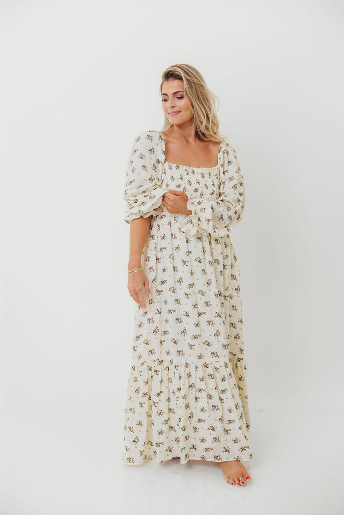 Emerson 100% Cotton Smocked Floral Maxi Dress with Long Sleeves in Off White - Bump Friendly