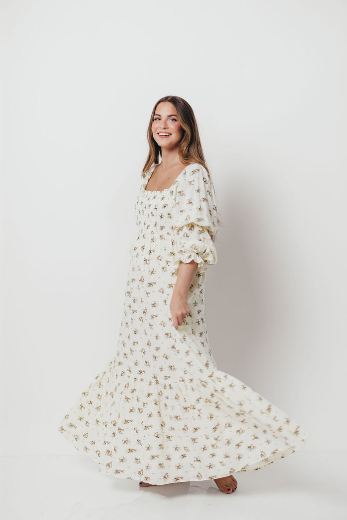 Emerson 100% Cotton Smocked Floral Maxi Dress with Long Sleeves in Off White - Bump Friendly