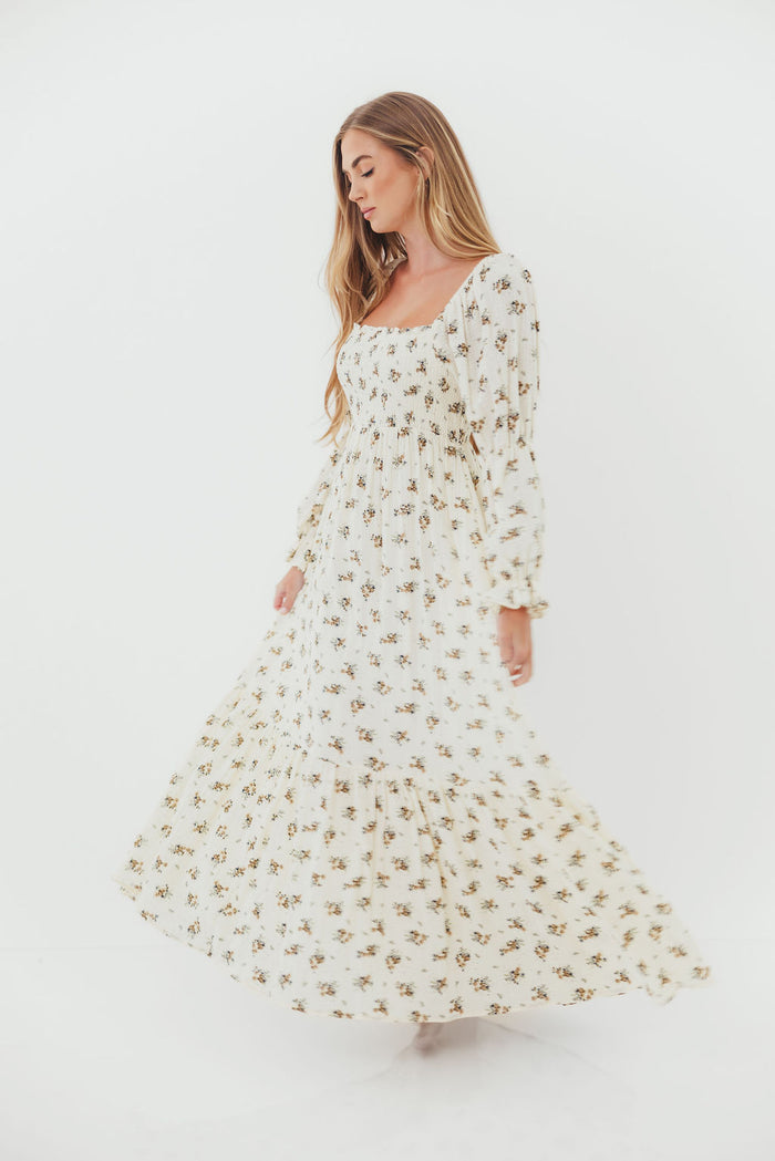 Emerson 100% Cotton Smocked Floral Maxi Dress with Long Sleeves in Off White - Bump Friendly