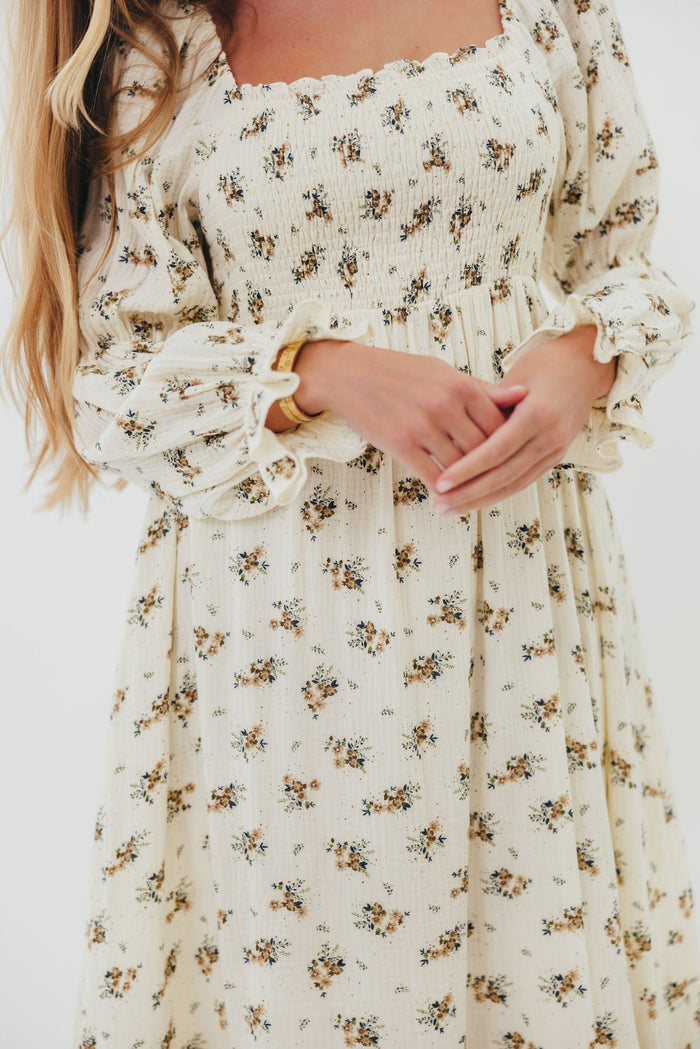 Emerson 100% Cotton Smocked Floral Maxi Dress with Long Sleeves in Off White - Bump Friendly
