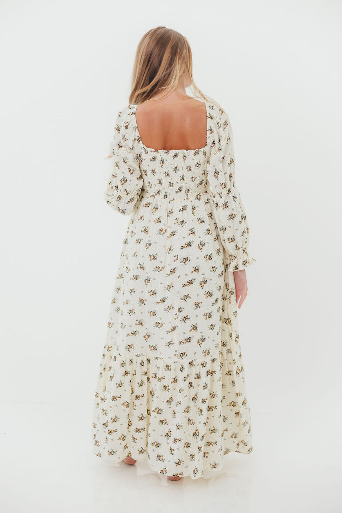 Emerson 100% Cotton Smocked Floral Maxi Dress with Long Sleeves in Off White - Bump Friendly