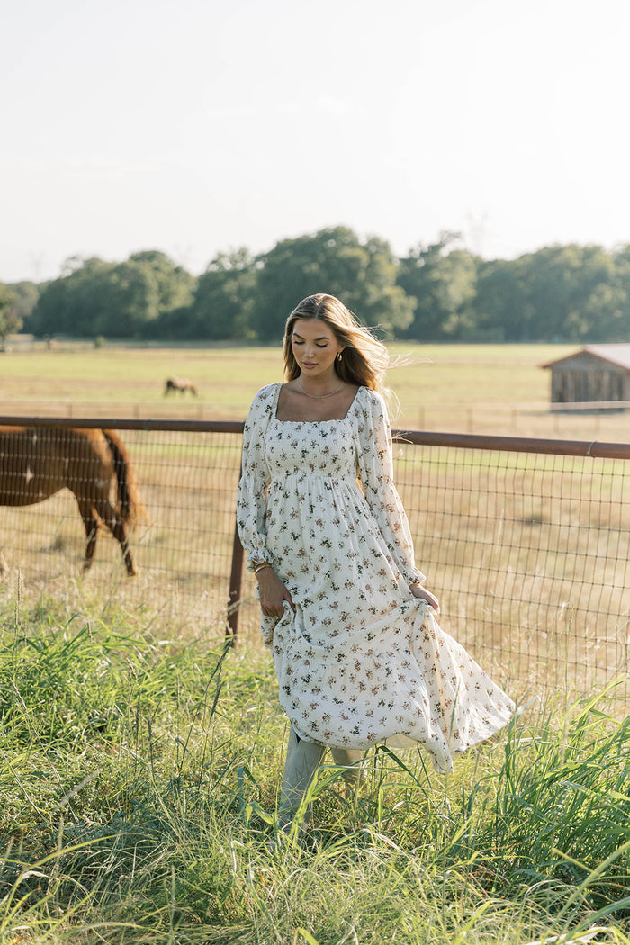 Emerson Floral Maxi Dress with Long Sleeves in Ivory