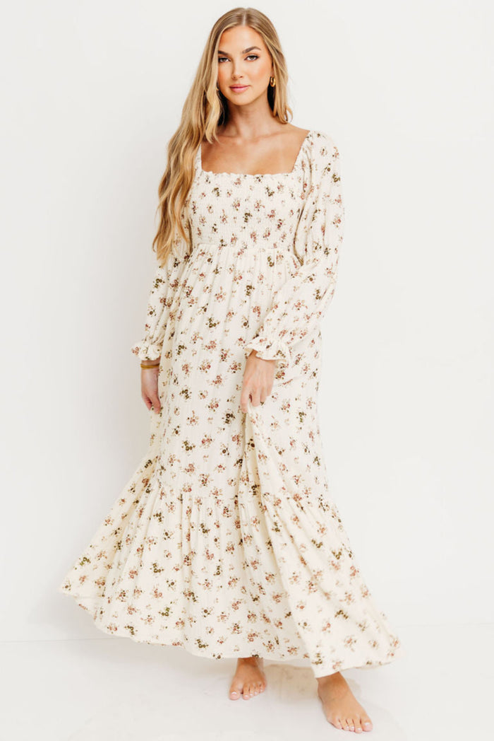 Emerson Floral Maxi Dress with Long Sleeves in Ivory