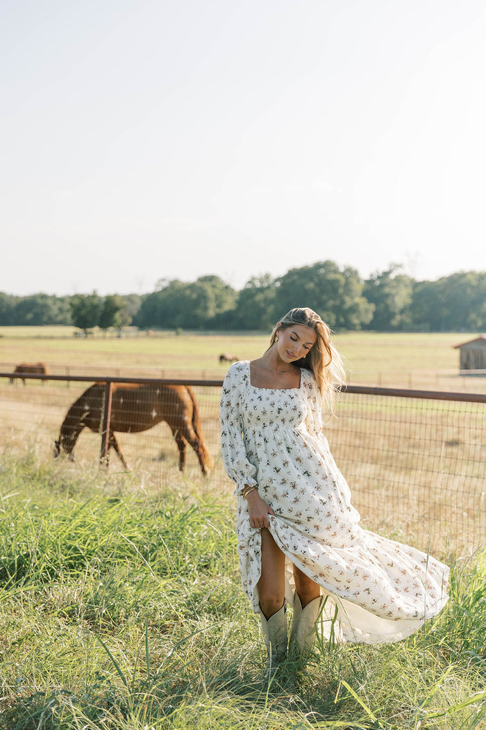 Emerson Floral Maxi Dress with Long Sleeves in Ivory