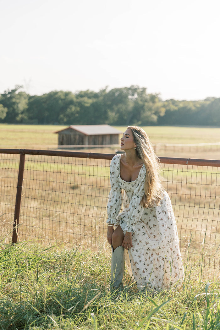 Emerson Floral Maxi Dress with Long Sleeves in Ivory