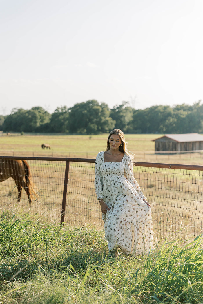 Emerson Floral Maxi Dress with Long Sleeves in Ivory
