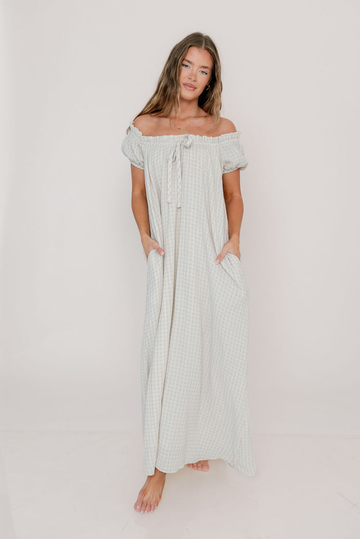 Ensley 100% Cotton Maxi Dress in Baby Blue Plaid - Bump Friendly