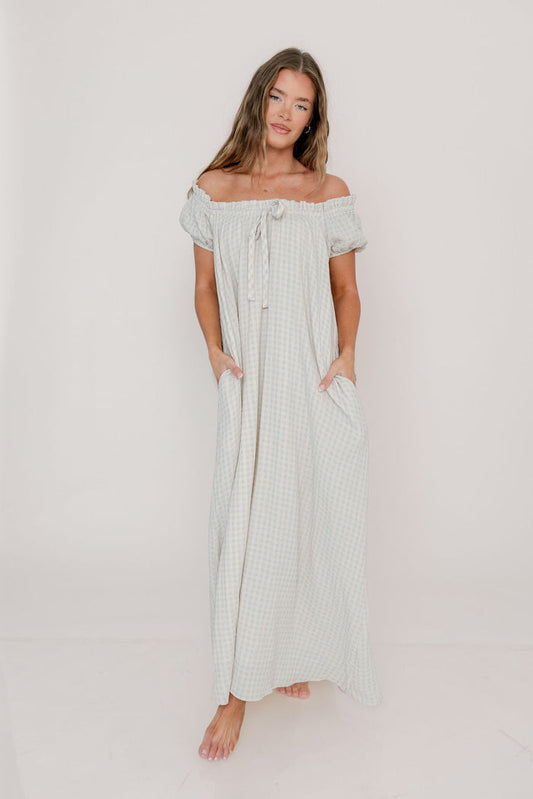 Ensley 100% Cotton Maxi Dress in Baby Blue Plaid - Bump Friendly