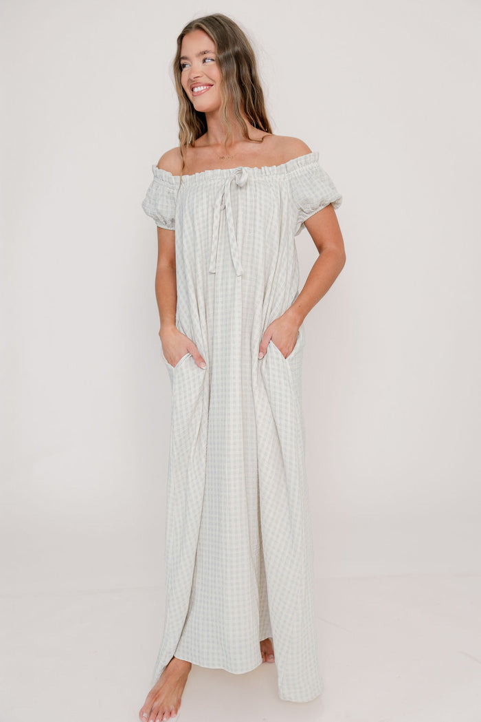 Ensley 100% Cotton Maxi Dress in Baby Blue Plaid - Bump Friendly