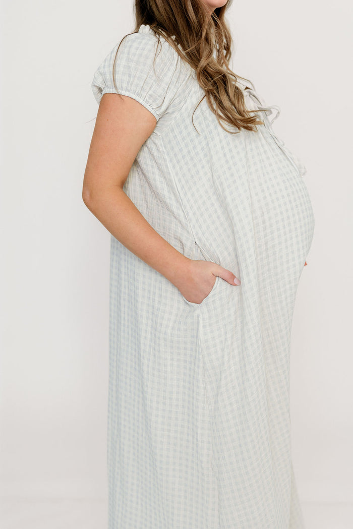 Ensley 100% Cotton Maxi Dress in Baby Blue Plaid - Bump Friendly