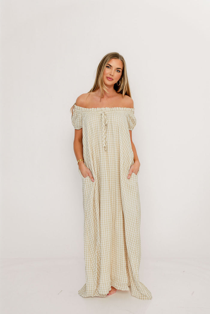 Ensley 100% Cotton Maxi Dress in Green Haze Plaid - Bump Friendly