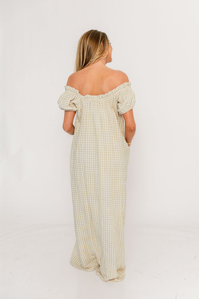 Ensley 100% Cotton Maxi Dress in Green Haze Plaid - Bump Friendly