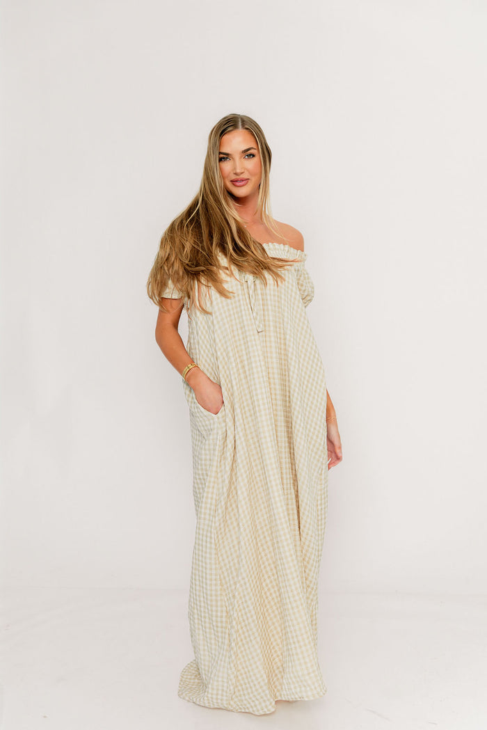 Ensley 100% Cotton Maxi Dress in Green Haze Plaid - Bump Friendly
