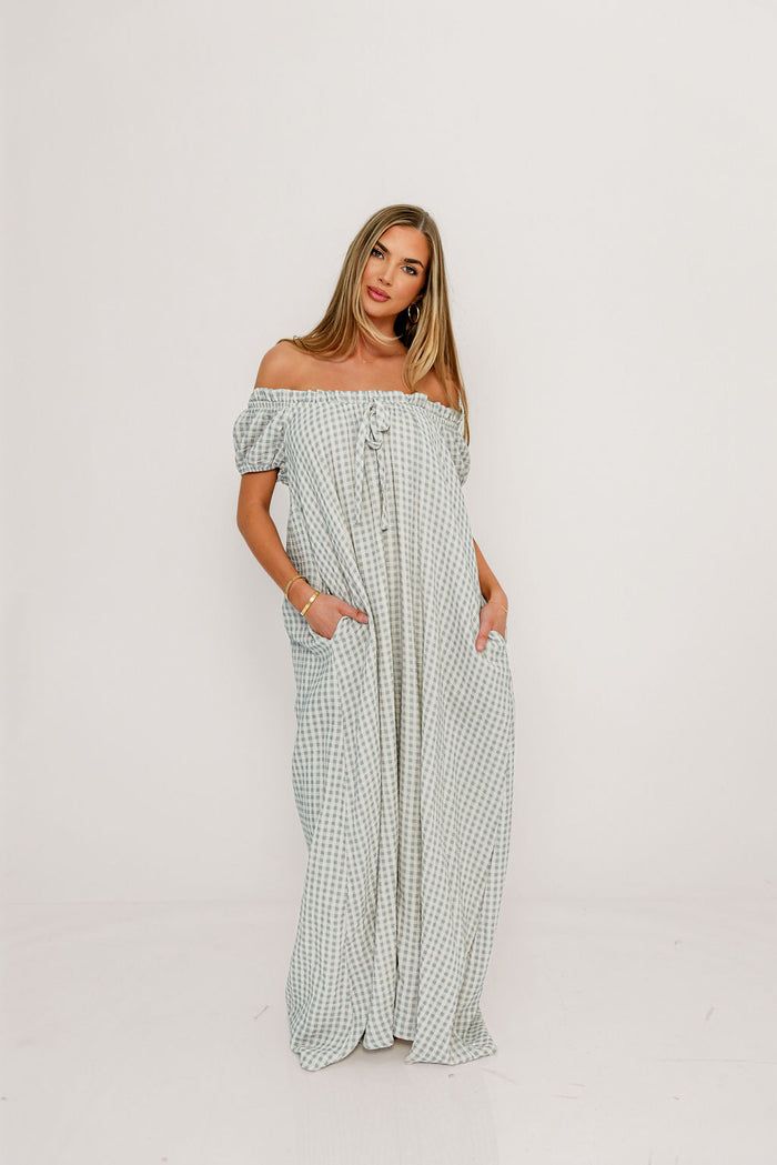 Ensley 100% Cotton Maxi Dress in Light Indigo Plaid - Bump Friendly