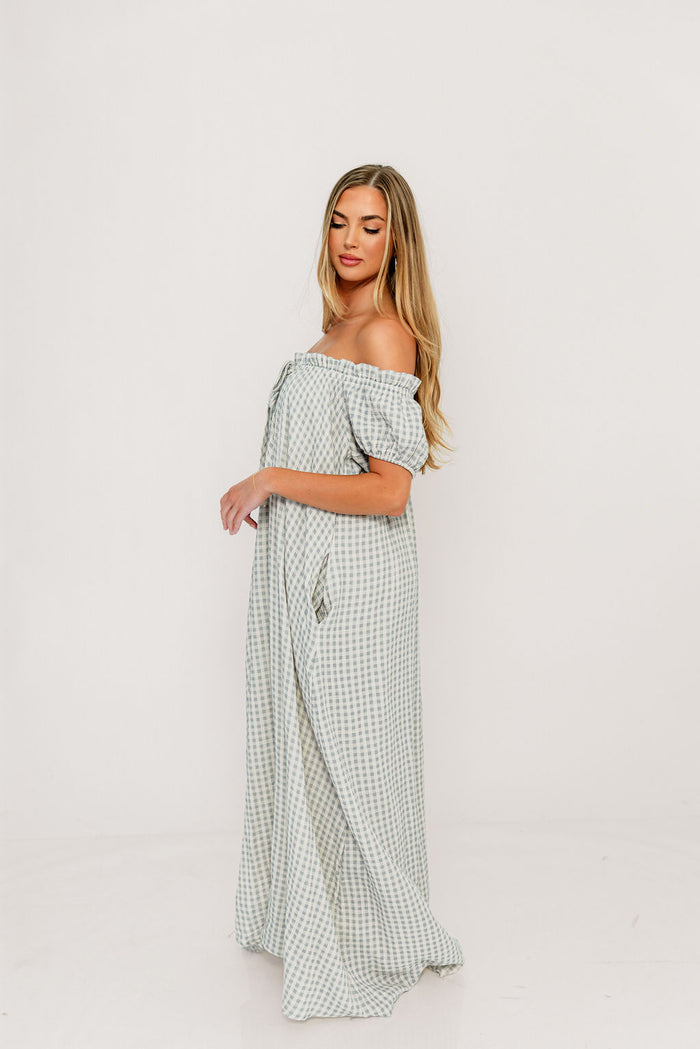 Ensley 100% Cotton Maxi Dress in Light Indigo Plaid - Bump Friendly