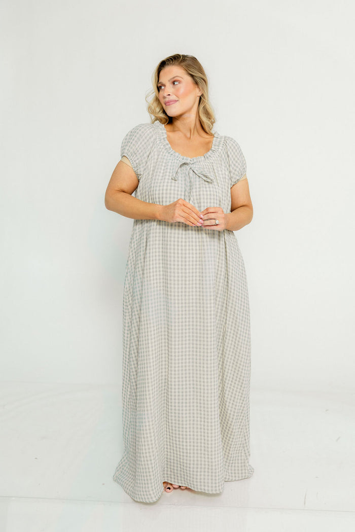 Ensley 100% Cotton Maxi Dress in Light Indigo Plaid - Bump Friendly