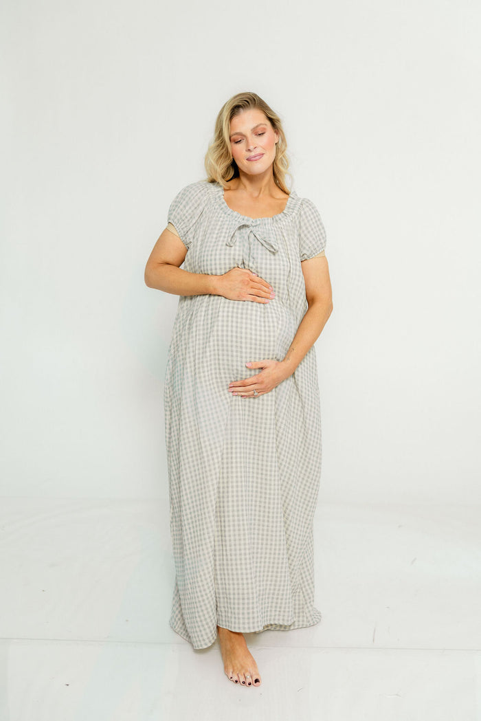 Ensley 100% Cotton Maxi Dress in Light Indigo Plaid - Bump Friendly