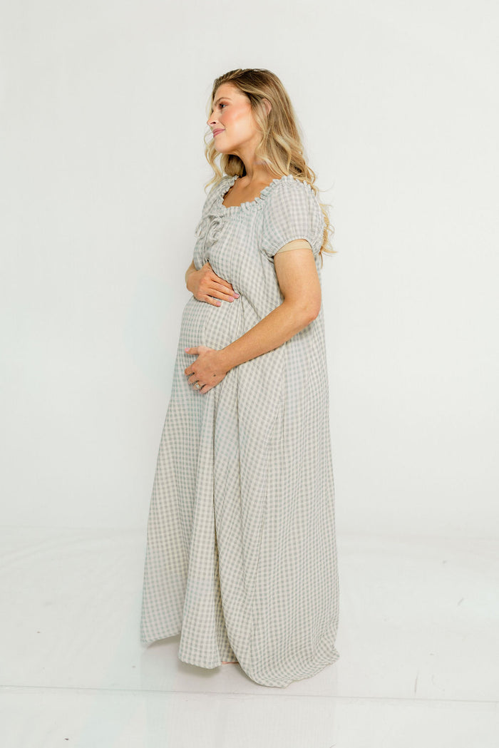 Ensley 100% Cotton Maxi Dress in Light Indigo Plaid - Bump Friendly